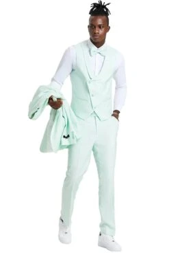 Mens One Button Double Breasted Vest Notch Lapel Prom & Wedding Suit In Mint Green Polka Dot -Alberto Nardoni Shop Mint Green 3