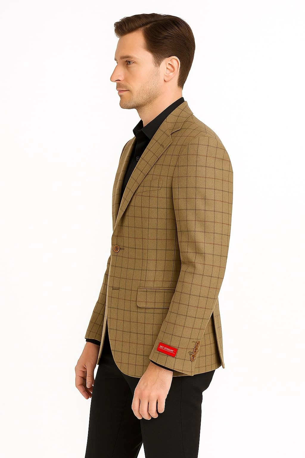 Men's Tan Plaid Blazer – Windowpane Checkered Taupe Colar With Conservative Burgunsih Pattern Mix Perfect For Business 4 Men's Tan Plaid Blazer – Windowpane Checkered Taupe Colar With Conservative Burgunsih Pattern Mix Perfect For Business - Image 4