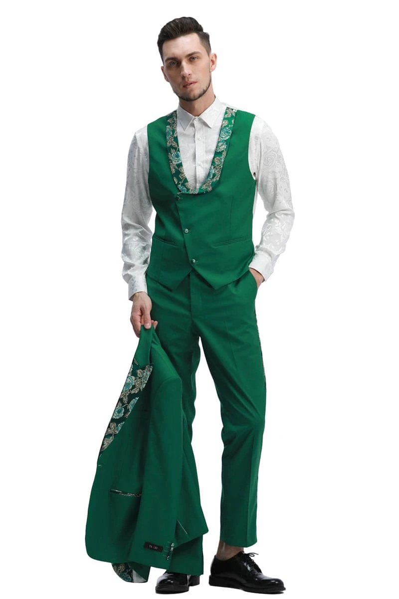 "Men's Hunter Green Prom 2025 & Wedding Tuxedo - One Button Vested With Floral Peak Lapel" 2 "Men's Hunter Green Prom 2025 & Wedding Tuxedo - One Button Vested With Floral Peak Lapel" - Image 2