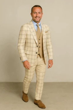 Wool Suit - Italian Made Business Suit By Statement Men's 3 Piece 100% Wool Modern Fit Suit - Accented Scoop Vest -Alberto Nardoni Shop Natural4