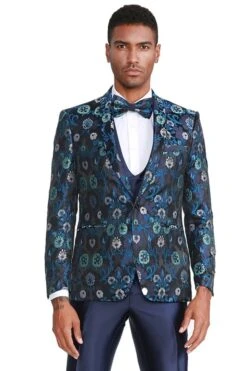 Men's One Button Vested Floral Print Navy Blue Wedding Tuxedo -Alberto Nardoni Shop Navy Blue Suit1