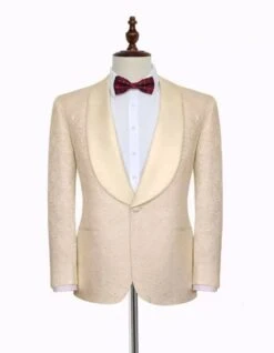 Noble Champagne Jacquard Wedding Tuxedos For Groom | Silk Shawl Lapel Prom Suits -Alberto Nardoni Shop Noble Champagne Suit3