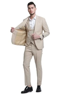 "Sharkskin Wedding Suit: Men's Slim Fit Double Breasted Vest In Khaki" -Alberto Nardoni Shop O3XUaxV