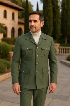 Mens Olive Green Safari Suit Set With Utility Jacket And Adjustable Waist Pants -Alberto Nardoni Shop Olive Green Safari Suit Set with Utility Jacket