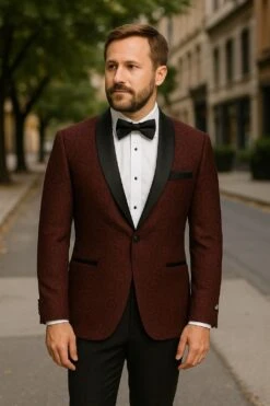 Paisley-300 Burgundy And Black Tuxedo Blazer With Bow Tie 7 Paisley-300 Burgundy And Black Tuxedo Blazer With Bow Tie -Alberto Nardoni Shop Paisley 300 Burgundy and Black Tuxedo Jacket