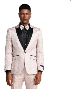Mens One Button Slim Fit Paisley Blush Pink Wedding And Prom Tuxedo