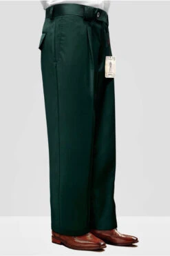 Mens Italian Wool Wide Leg Dress Pants In Hunter Green