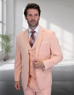 Peach Color Wool Suit In 2 Buttons Ticket Pocket - Light Orange Blush Color Summer Suit By Statement