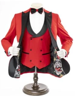 Mens 2 Button Peak Lapel Prom Tuxedo With Double Breasted Vest In Red
