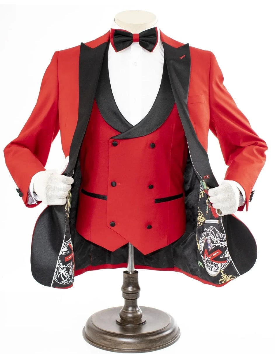 Mens 2 Button Peak Lapel Prom Tuxedo With Double Breasted Vest In Red 1 Mens 2 Button Peak Lapel Prom Tuxedo With Double Breasted Vest In Red