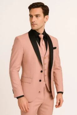 Men's Light Pink 3-Piece Tuxedo Suit With Black Satin Shawl Lapel – Formal Wear - Ultra Slim Fitted In Blush Color -Alberto Nardoni Shop PieceTuxedoSuitwithBlack