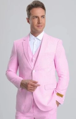 Men's Notch Label Orange Colour Summer Seersucker Fabric Vested 3 Piece Suit -Alberto Nardoni Shop Pink Summer Suits