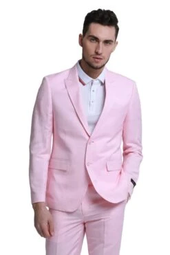 Men's Two Button Peak Lapel Summer Linen Style Beach Pink Wedding Suit 3 Men's Two Button Peak Lapel Summer Linen Style Beach Pink Wedding Suit -Alberto Nardoni Shop Pink Wedding Suit