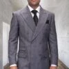 Mens Double Breasted Wool Suit Grey Plaid Regular Fit Black Gray