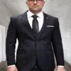 Mens 3 Piece 100 Percent Wool Suit - Affordable Italian Super 150's Fabric In Plaid Texture Fabric In Color Black - Online Special -Alberto Nardoni Shop Plaid Texture Fabric in Color Black