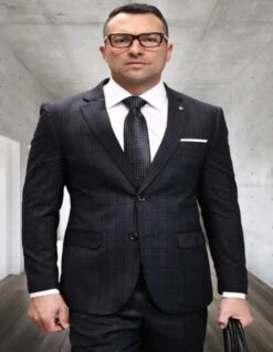 Mens 3 Piece 100 Percent Wool Suit - Affordable Italian Super 150's Fabric In Plaid Texture Fabric In Color Black - Online Special