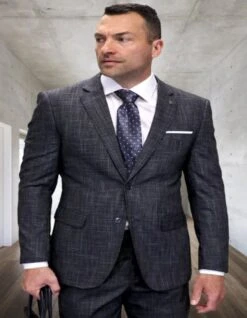 Mens 3 Piece 100 Percent Wool Suit - Affordable Italian Super 150's Fabric In Plaid Texture Fabric In Color Carbon - Online Special