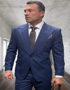 Mens 3 Piece 100 Percent Wool Suit - Affordable Italian Super 150's Fabric In Plaid Texture Fabric In Color Indigo Blue - Online Special