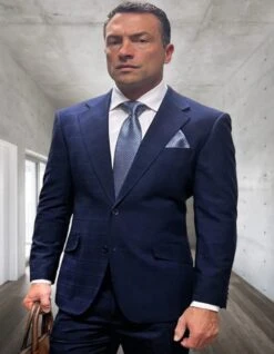 Mens 3 Piece 100 Percent Wool Suit - Affordable Italian Super 150's Fabric In Plaid Texture Fabric In Color Navy Blue - Online Special