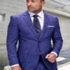 Mens 3 Piece 100 Percent Wool Suit - Affordable Italian Super 150's Fabric In Plaid Texture Fabric In Color Sapphire - Online Special -Alberto Nardoni Shop Plaid Texture Fabric in Color Sapphire
