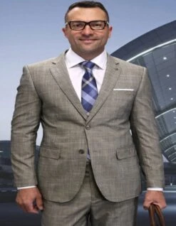 Mens 3 Piece 100 Percent Wool Suit - Affordable Italian Super 150's Fabric In Plaid Texture Fabric In Color Tan - Online Special