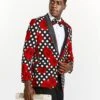 Mens Black & White Polka Dot Prom Tuxedo Blazer With Red Roses