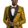 Mens One Button Slim Fit Paisley Skinny Fit Pant Vested Prom Tuxedo In Gold And Black