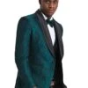 Mens One Button Slim Fit Paisley Floral Vested Prom Tuxedo In Hunter Green And Black