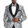 Mens One Button Skinny Fit Paisley Floral Vested Prom Tuxedo In Silver And Black