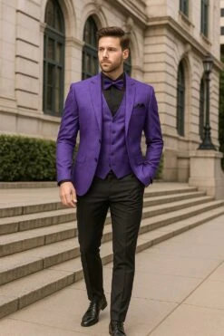 Men’s Purple Paisley Tuxedo Suit – 3 Piece Formal Set With Vest And Bow Tie