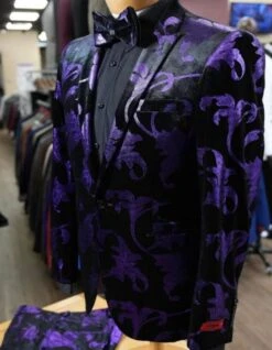 Mardi Gras Suit - Purple And Black Paisley Tuxedo Dinner Jacket + Matching Pants - Slim Fitted