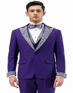 Purple And Silver Prom Tuxedo - Perfect Wedding Suit Vested Rhinestone Lapelled