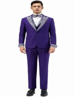 Purple And Silver Prom Tuxedo - Perfect Wedding Suit Vested Rhinestone Lapelled -Alberto Nardoni Shop Purple and Silver Prom Tuxedos