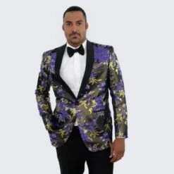 Gold Suit For Prom - Gold Blazer + Matching Pants + Purple And Gold Tuxedo Jacket With Fancy Pattern Shawl Lapel - Wedding - Prom
