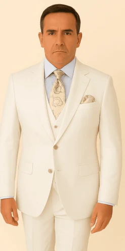 Rossi Man BOND RM1770 Slim Fit 3-Piece White Suit – 1-Button Peak Lapel, Stylish Men’s Formalwear -Alberto Nardoni Shop ROSSI MAN SLIM FIT 3 PIECE SUIT BOND RM1770