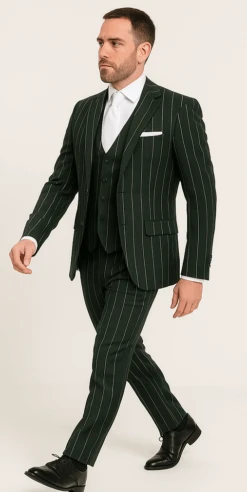 Rossi Man MAX RM1727 Slim Fit 3-Piece Suit – Stylish Tailored Green Pinstripe Suit For Men -Alberto Nardoni Shop ROSSI MAN SLIM FIT 3 PIECE SUIT MAX RM1727 3