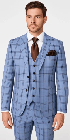 Rossi Man MAX RM1822 Slim Fit 3-Piece Suit – Premium Light Blue & Brown Plaid Formal Suit For Men -Alberto Nardoni Shop ROSSI MAN SLIM FIT 3 PIECE SUIT MAX RM1822
