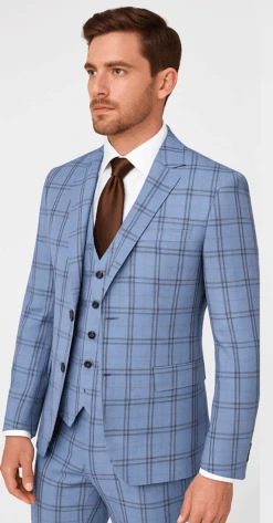Rossi Man MAX RM1822 Slim Fit 3-Piece Suit – Premium Light Blue & Brown Plaid Formal Suit For Men -Alberto Nardoni Shop ROSSI MAN SLIM FIT 3 PIECE SUIT MAX RM1822 2
