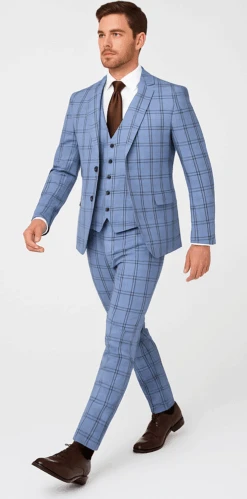 Rossi Man MAX RM1822 Slim Fit 3-Piece Suit – Premium Light Blue & Brown Plaid Formal Suit For Men -Alberto Nardoni Shop ROSSI MAN SLIM FIT 3 PIECE SUIT MAX RM1822 3