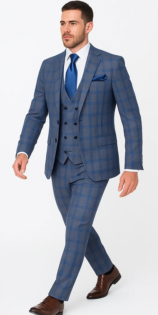 Rossi Man MAX RM1823 Slim Fit 3-Piece Blue Plaid Suit – Tailored For Weddings & Business 2 Rossi Man MAX RM1823 Slim Fit 3-Piece Blue Plaid Suit – Tailored For Weddings & Business - Image 2