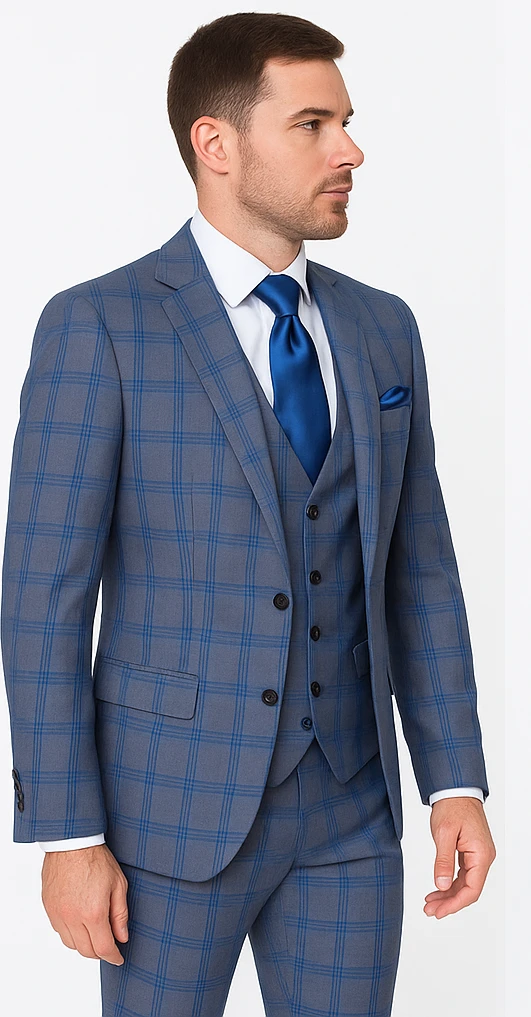 Rossi Man MAX RM1823 Slim Fit 3-Piece Blue Plaid Suit – Tailored For Weddings & Business 3 Rossi Man MAX RM1823 Slim Fit 3-Piece Blue Plaid Suit – Tailored For Weddings & Business - Image 3