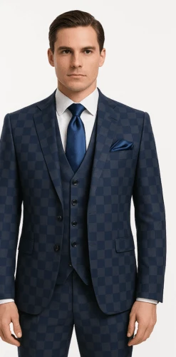 Rossi Man MAX Collection RM1838 – Modern Slim Fit 3-Piece Navy Check Suit For Men -Alberto Nardoni Shop ROSSI MAN SLIM FIT 3 PIECE SUIT MAX RM1838