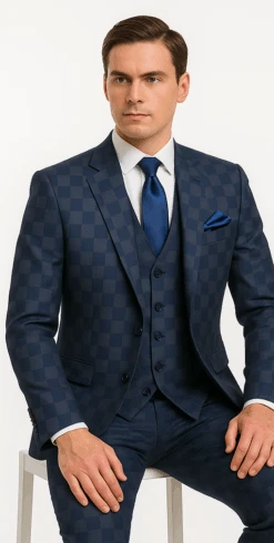 Rossi Man MAX Collection RM1838 – Modern Slim Fit 3-Piece Navy Check Suit For Men -Alberto Nardoni Shop ROSSI MAN SLIM FIT 3 PIECE SUIT MAX RM1838 3