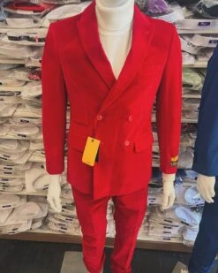 Mens Slim Fit Red Velvet Double Breasted Suit With Peak Lapel – Formal Tuxedo Style -Alberto Nardoni Shop Red Velvet Double Breasted Suits