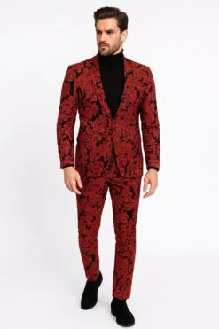 Mens Red And Black Floral Tuxedo Suit – Slim Fit 2 Piece Embroidered Outfit For Weddings, Prom, And Formal Events