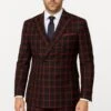 Mens Red And Black Plaid Double-Breasted Suit – Slim Fit Checkered 2 Piece Formal Business Outfit