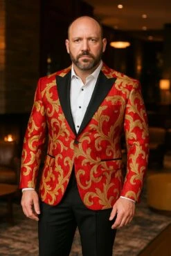 Mens Red And Gold Embroidered Tuxedo Blazer – Baroque Style One Button Dinner Jacket With Black Satin Lapel -Alberto Nardoni Shop Red and Gold Embroidered Tuxedo Blazer