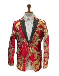 Mens Red And Gold Embroidered Tuxedo Blazer – Baroque Style One Button Dinner Jacket With Black Satin Lapel -Alberto Nardoni Shop Red and Gold Tuxedo Blazers