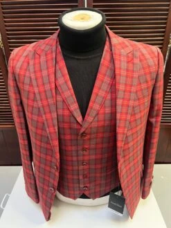 Mens Red And Grey Plaid 3-Piece Suit With Vest - Modern Fit Peak Lapel By Dominique Wilson -Alberto Nardoni Shop Red and Grey Plaid 3 Piece Suits