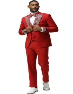 Red And Silver Prom Tuxedo - Perfect Wedding Suit Vested Rhinestone Lapelled -Alberto Nardoni Shop Red and Silver Prom Tuxedos